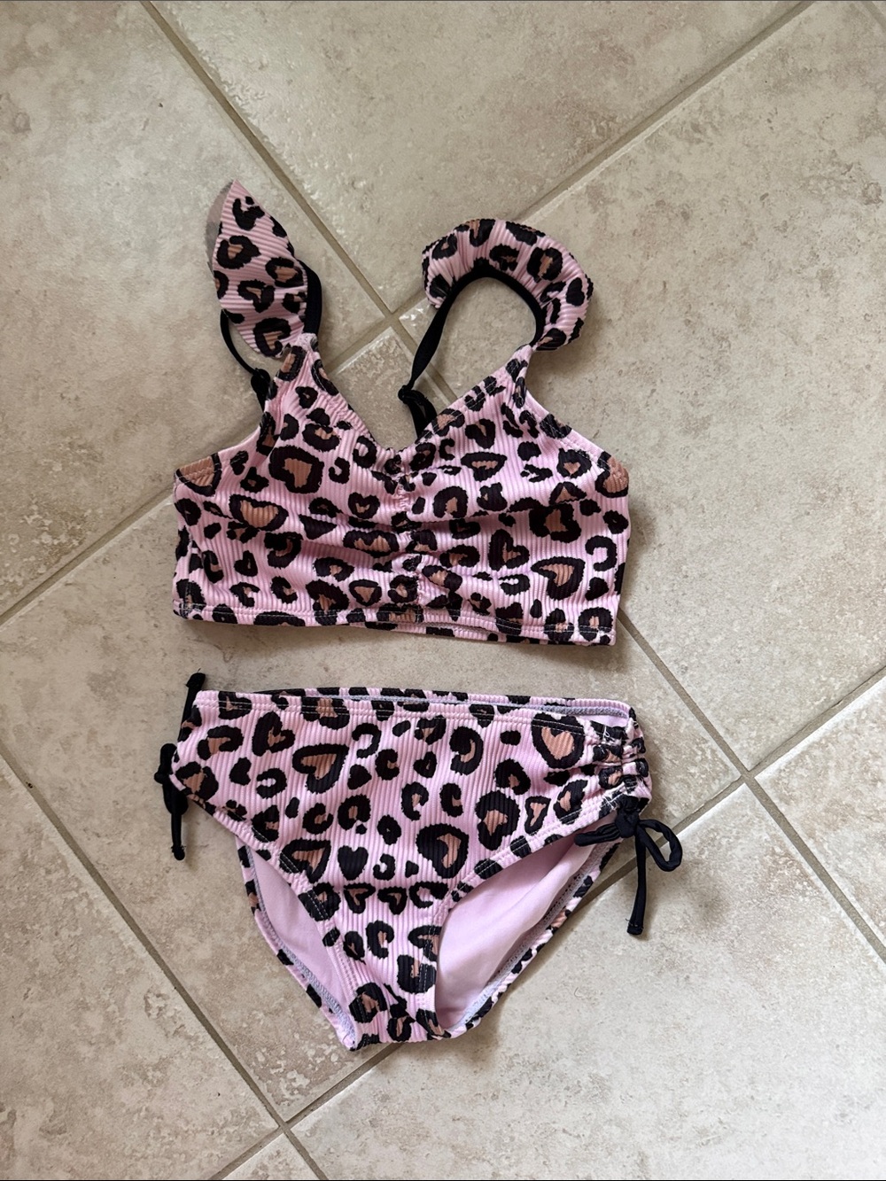 Kids Pink Leopard Print Two-Piece Bikini Swim Set M 7/8